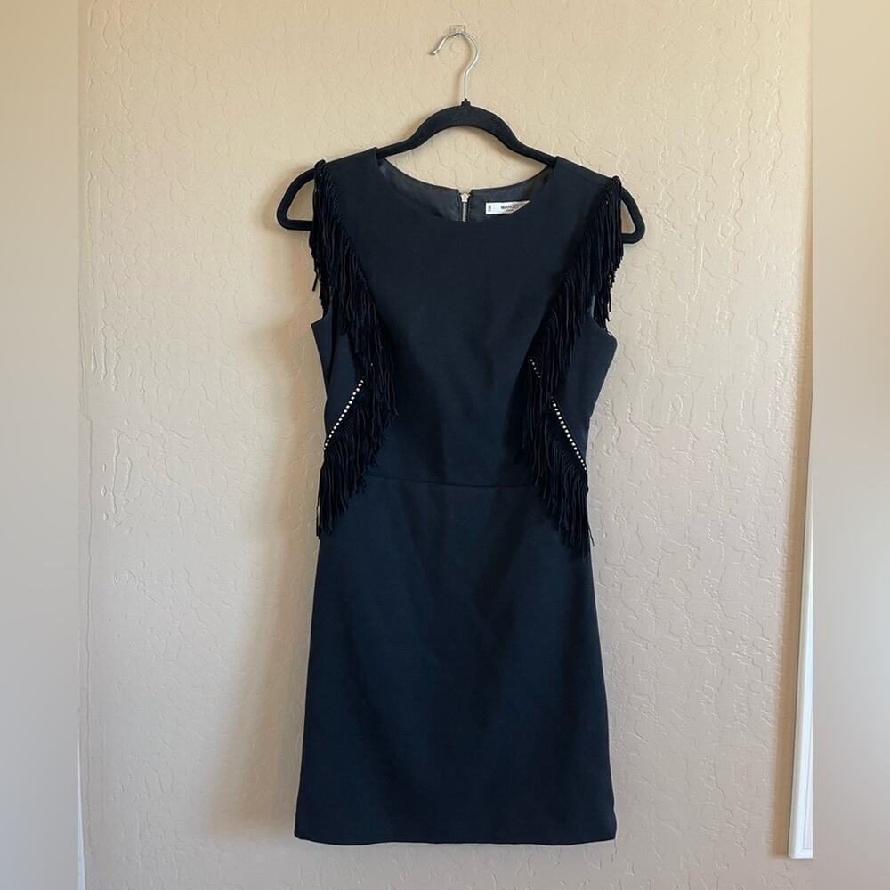 Mango‎ Black Fringe Rhinestone Suede Open Back Sheath Dress XS